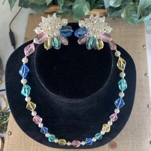 Vintage Colorful Beaded Faux Pearl Necklace & Bead Cluster Pierced Earrings 25"